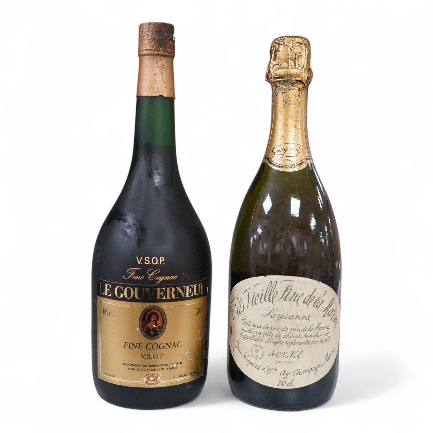 Two bottles: Le Gouverneur VSOP fine cognac and Tres Vieille Fine de la Marne, 70cl